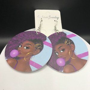 NWT Wooden Exquisite African Beauty Print Round Dangle Earrings Bohemian